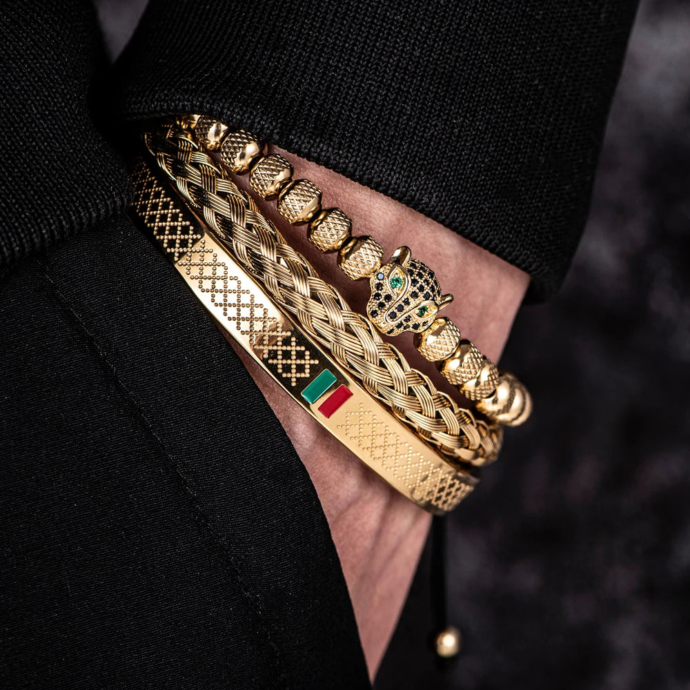 Luxury Handmade Braiding Bracelet  Men Pave CZ Leopard Head Enamel Green Red Bracelet Stainless Steel Jewelry
