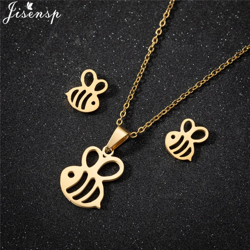 Cartoon Bowknot Mouse Stainless Steel Jewelry Set for Women Fashion Anime Animal Necklace Earrings Party Accessories