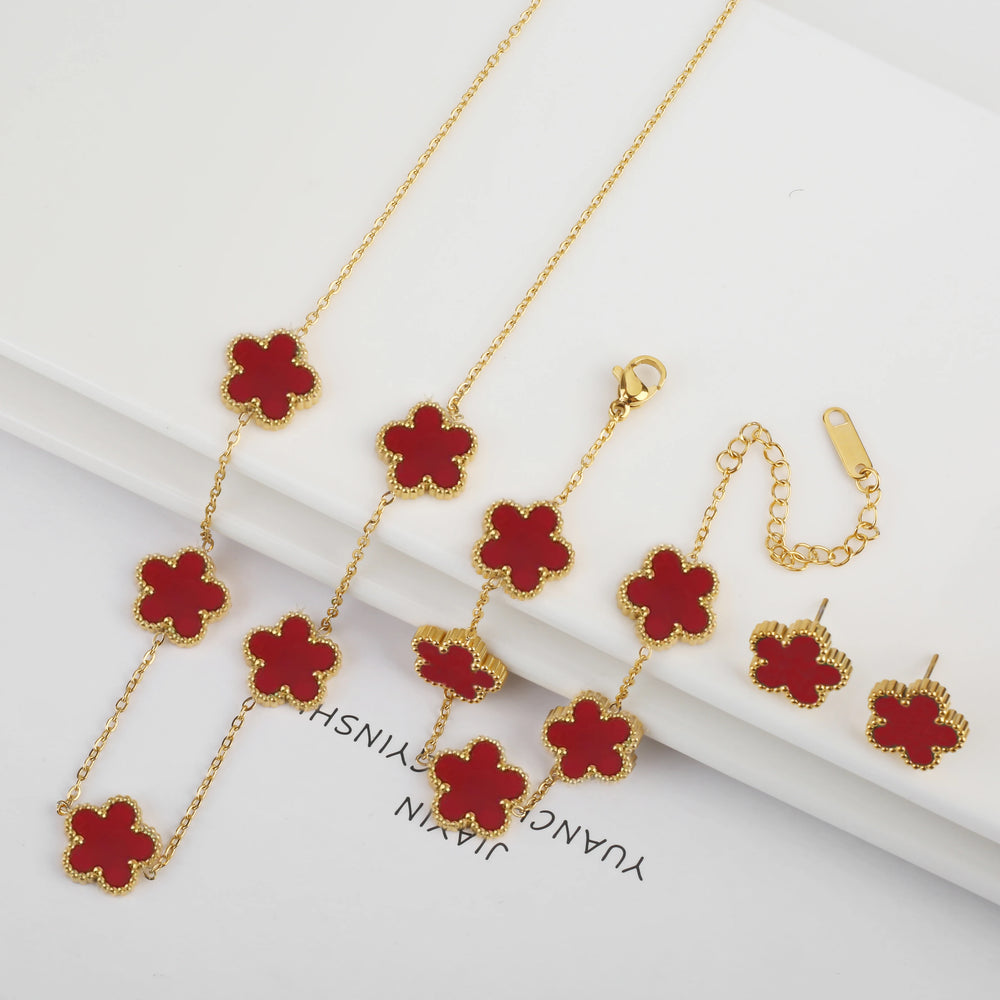 Hot Selling Plum Blossom Plant Five Leaf Flower Jewelry Set Bracelet Necklace Earrings Women Stainless Steel High Quality Clover
