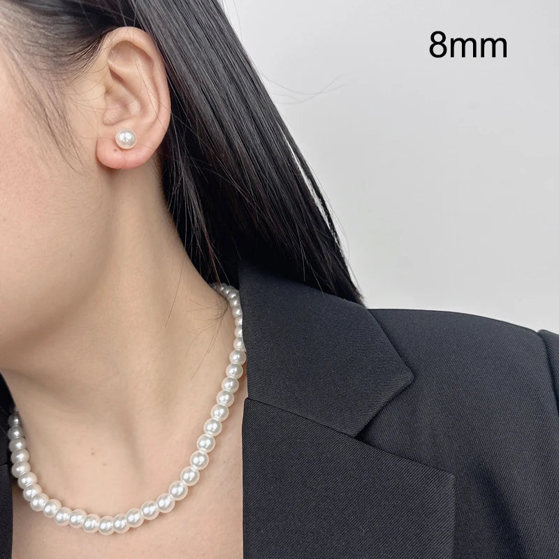 6/8/10/12mm 1 Set Of ABS Pearl Ear Clip French Pearl Necklace 42cm Clavicle Chain Jewelry Set 2023 New Earring Trend