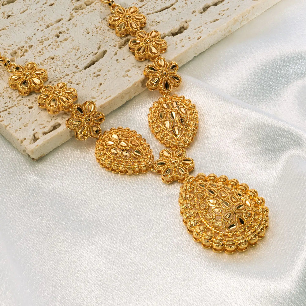 24K Gold Necklace and AU999 Gold Earrings Two-Piece Set, Elegant Water Drop Shape Wedding Jewelry for Women