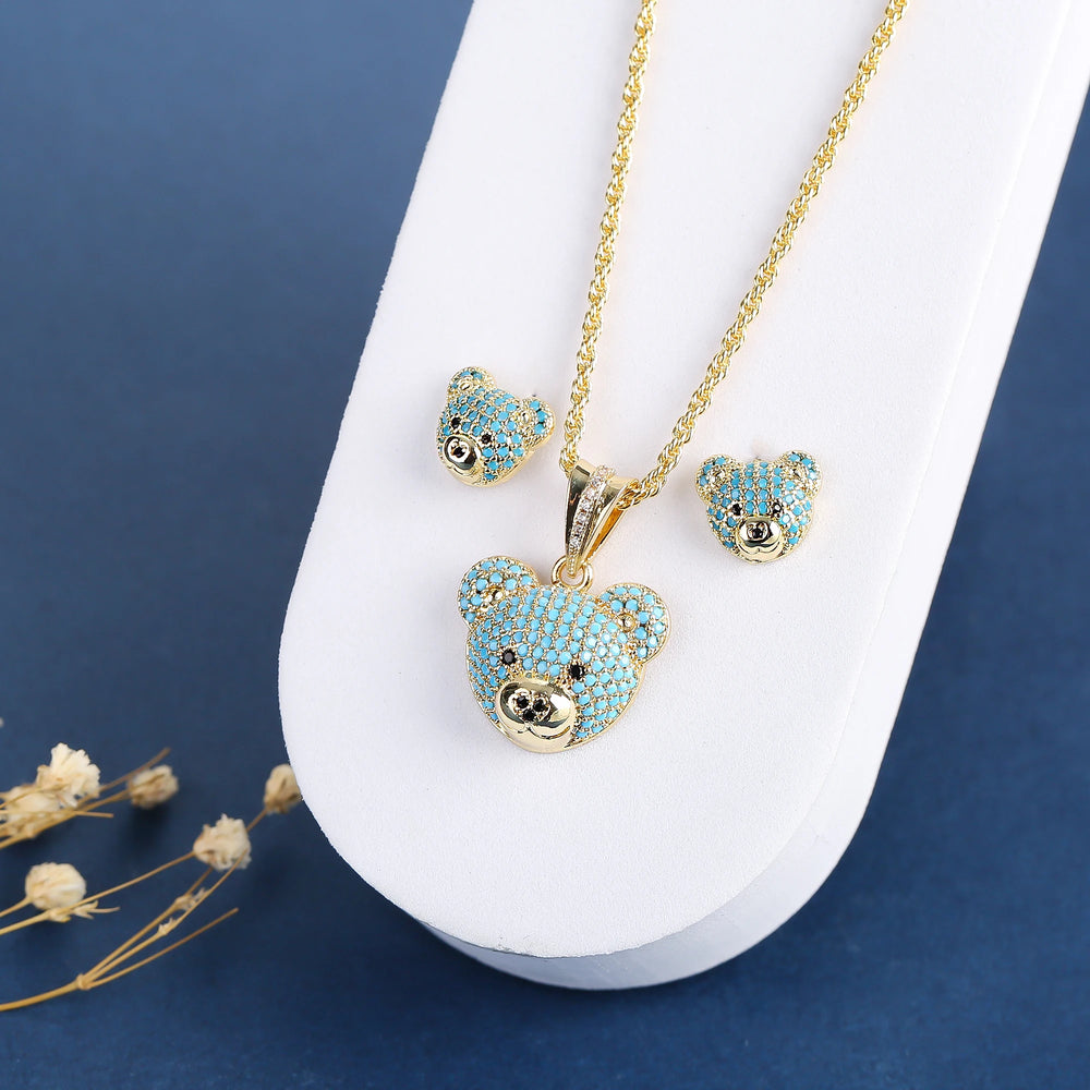 3pcs Exquisite Shiny White Red Zirconia Bear Jewelry Set Necklace Earrings Ring Cute Animal Jewelry Accessories For Women Girls