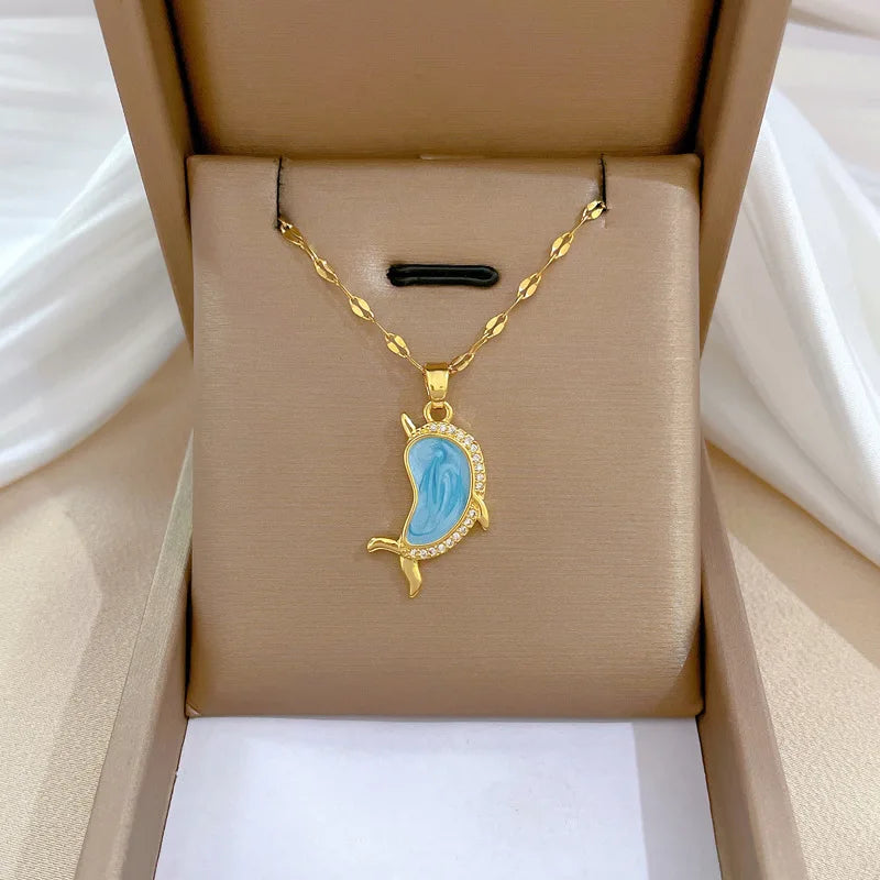 316L Stainless Steel Gold Color Multiple Styles Opal Rhinestone Animal Dolphin Rabbit Flower Butterfly Necklace For Women