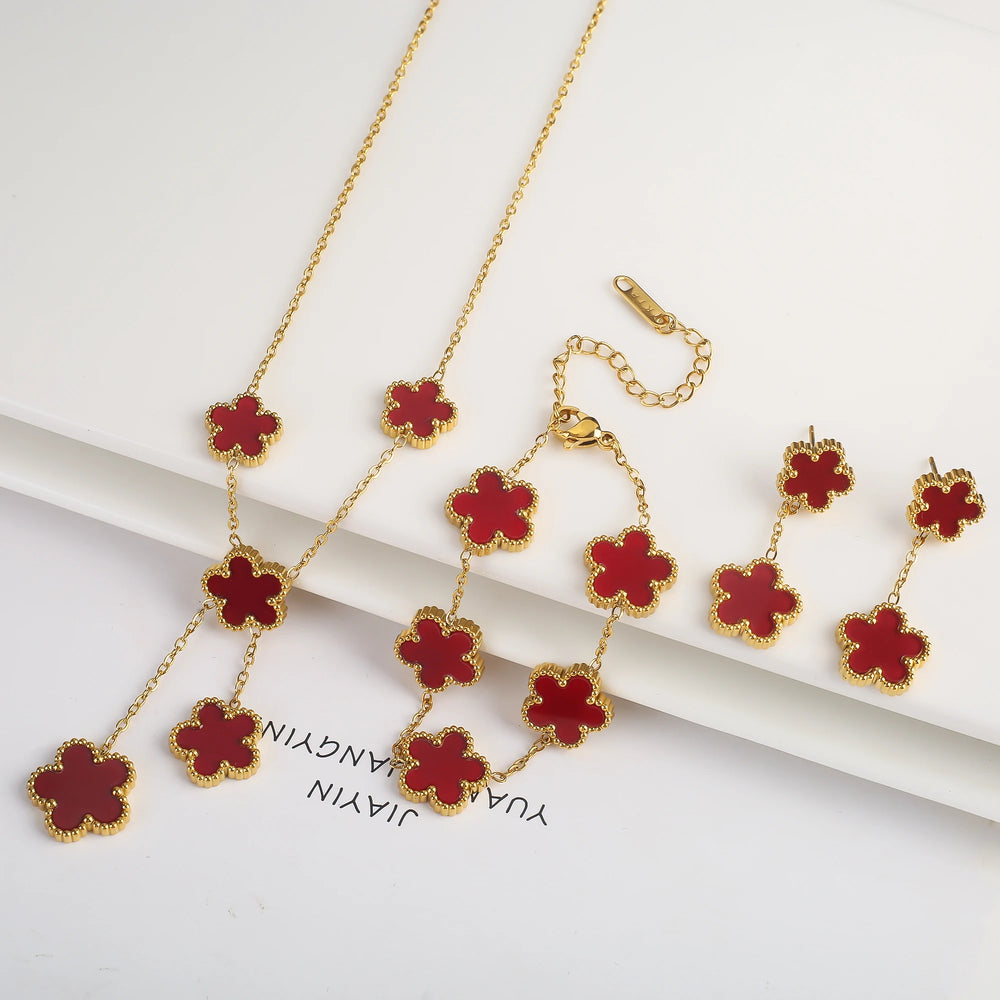 Hot Selling Plum Blossom Plant Five Leaf Flower Jewelry Set Bracelet Necklace Earrings Women Stainless Steel High Quality Clover