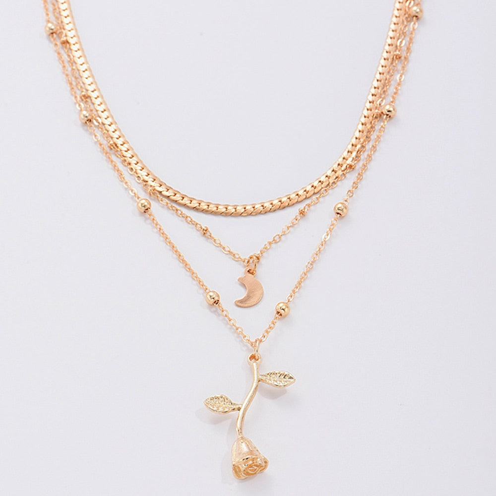 Bohemia Multilayer Moon Gold Color Pendant Necklace