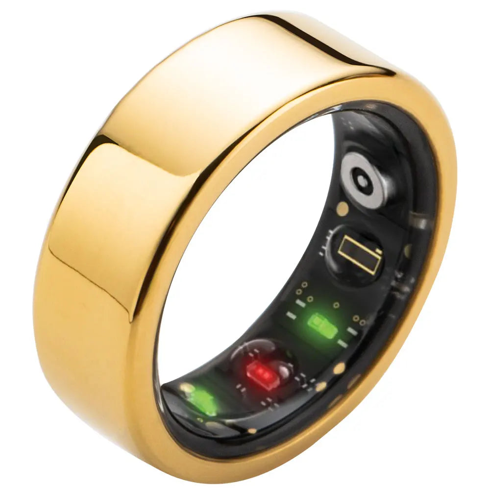 The smart ring is a Bluetooth-enabled fitness tracker that monitors heart rate, blood oxygen levels, and sleep patterns, providing comprehensive health monitoring in a compact and convenient design.