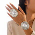 2Pcs/Set Exaggerated Circle Chunky Adjustable Open Cuff Bangles Imitation Pearl Rings for Women Grunge Jewelry Set Gift