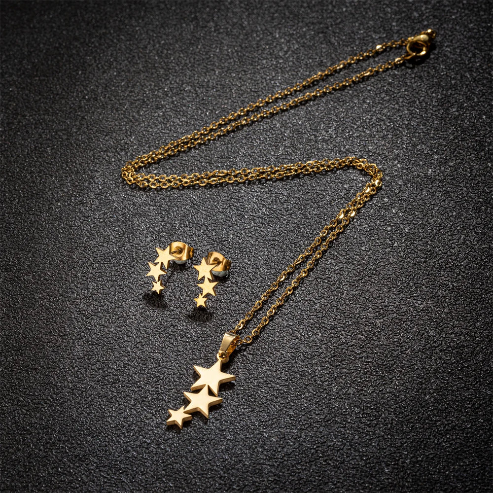 Luxury Stainless Steel Wedding Bride Jewelry Set Multiple Stars Earrings And Necklace Gold Color Clavicle Chain Joyas Mujer