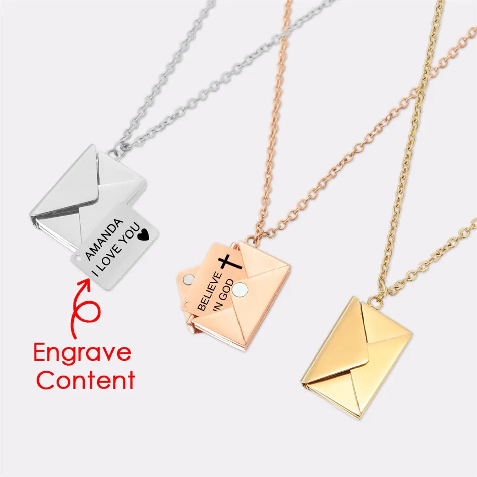 This personalized stainless steel pendant necklace is designed in the shape of a love letter envelope, making it a unique and meaningful gift for Valentine's Day or Mother's Day. Express your love and affection with this customized piece of jewelry that beautifully captures the essence of a heartfelt confession.