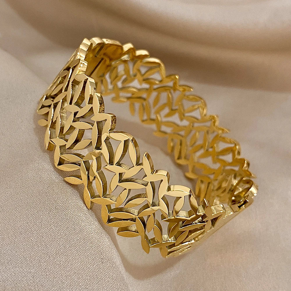 316L Stainless Steel Leaves Wide Chunky Bangles Bracelets for Women Unique Design Wrist Bracelet Waterproof Jewelry