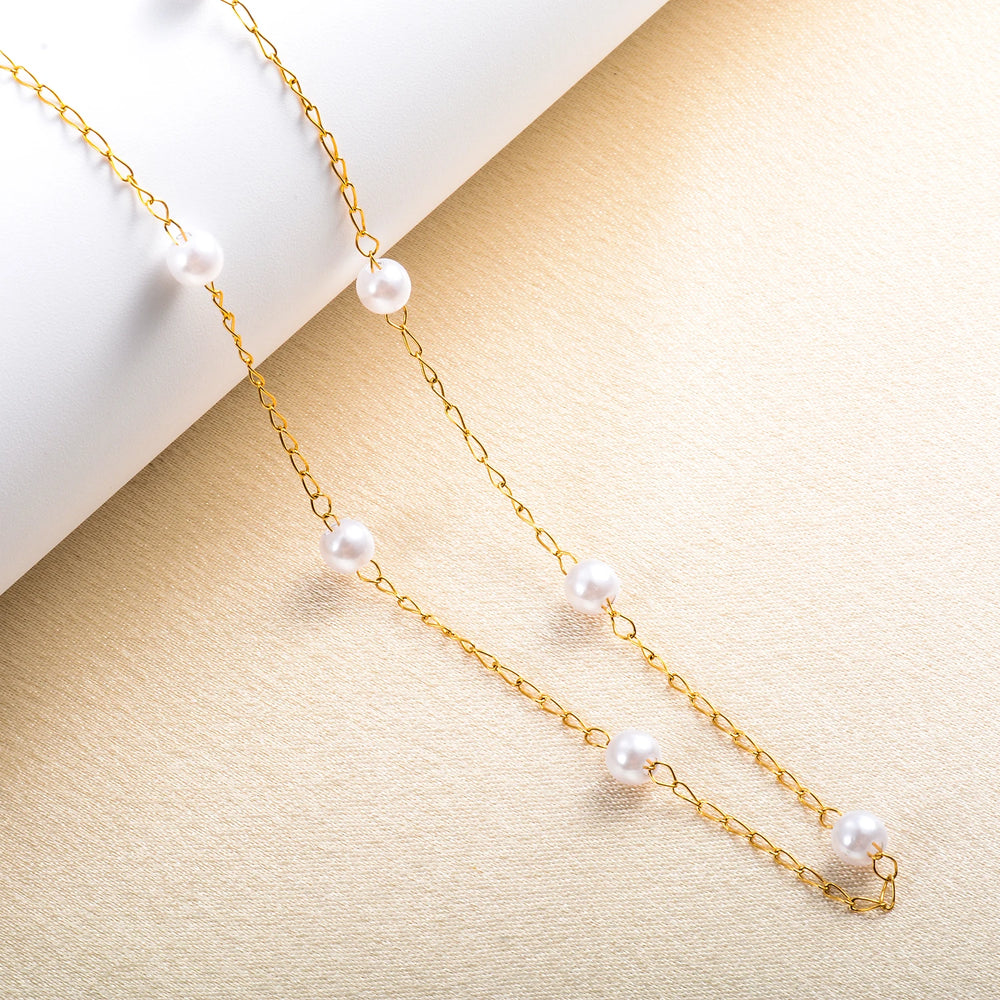 Gold Color Plated Stainless Steel Simple Pearl Choker Necklace Handmade Bead Chain Necklace Waterproof For Women Fashion Jewelry