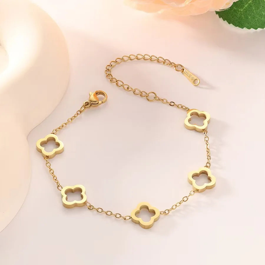 New Stainless Steel Hollow Clover Flower Necklace Bracelet Earnail Set for Women's Versatile Gift Accessories