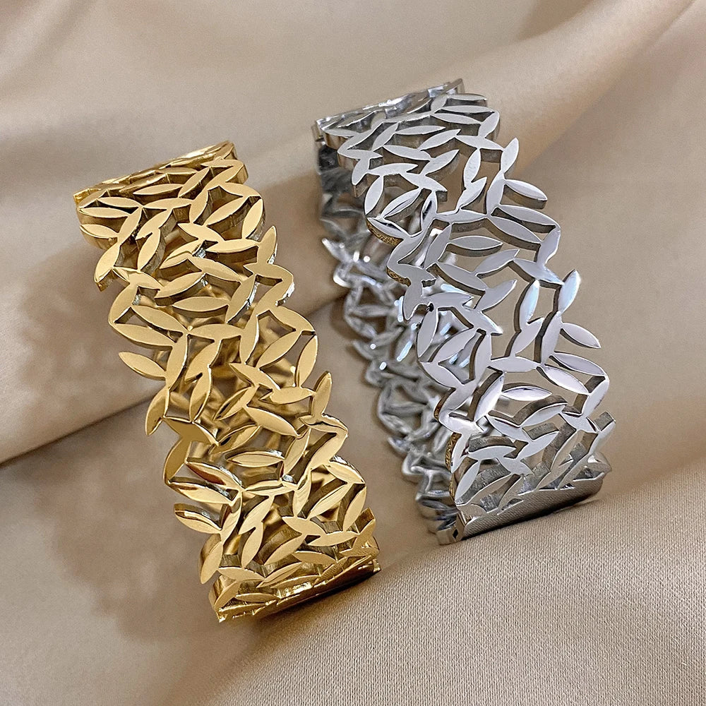 316L Stainless Steel Leaves Wide Chunky Bangles Bracelets for Women Unique Design Wrist Bracelet Waterproof Jewelry