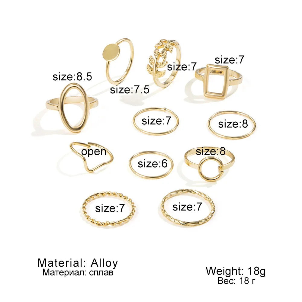 New Fashion Creative Geometric Leaf Wave Hollow Ring Set 11 Pcs for Women Men Simple Knuckle Ring Charm Wedding Party Jewelry