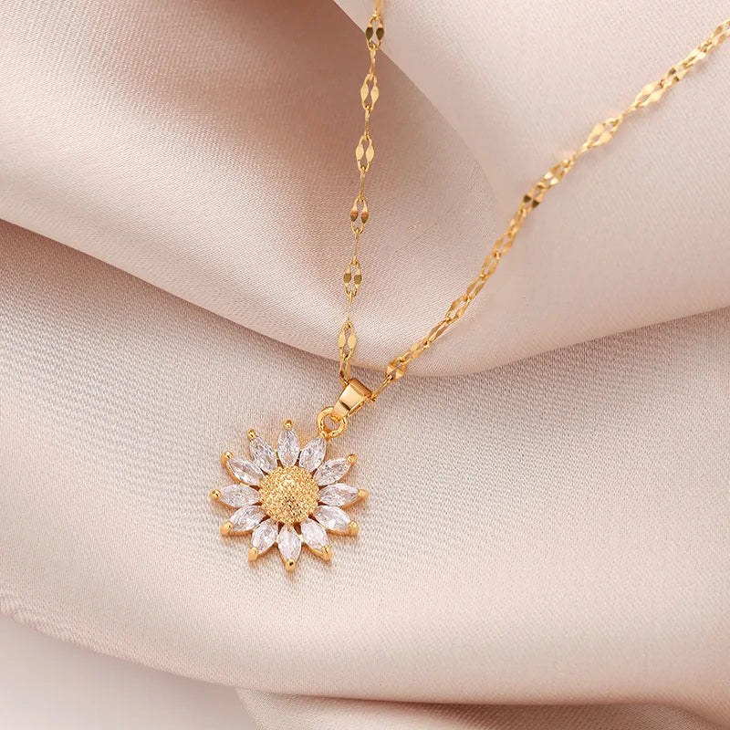 Titanium Steel Gold Plated chain Copper material Sunflower for Zircon Big Pendant Necklace for Women Jewelry Wedding Party Gift