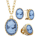 6 Colors Lady Queen Cameo Necklace Earring Ring Sets For Women Gold Color Pink Blue Gray Fashion Flower Cameo Jewelry Set