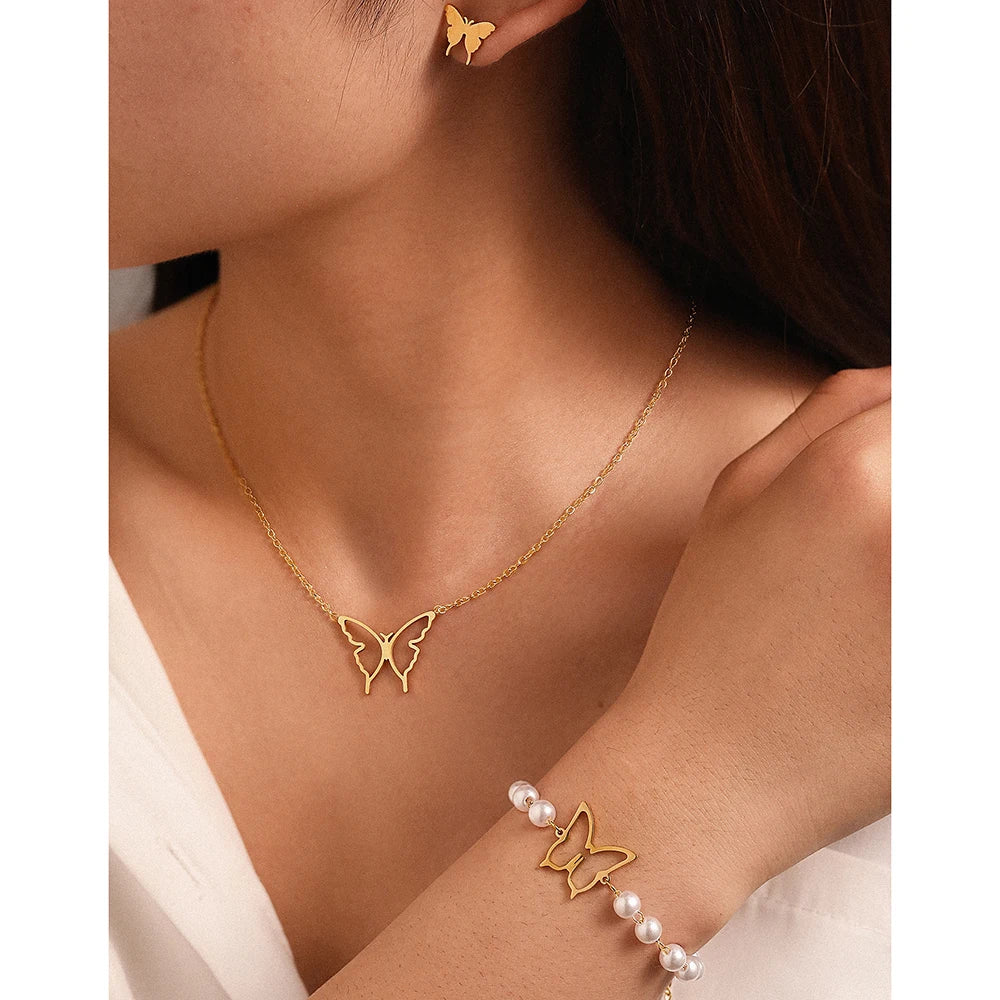 Stainless Steel Jewelry Set Necklace Earrings Pearl Bracelet Skeleton Butterfly Simple Design Jewelry Set For Women Jewelry Gift