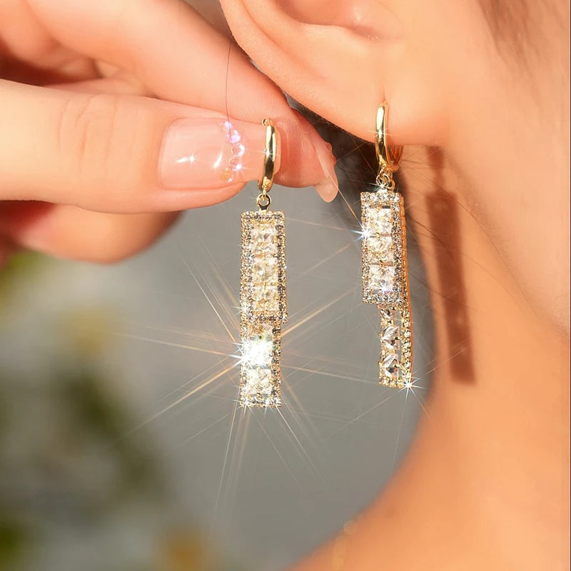 New Fashion White Square Rhinestone Zircon Double Pendant Gold Color Earrings for Women Unique Design Girls Trend Jewelry Gift