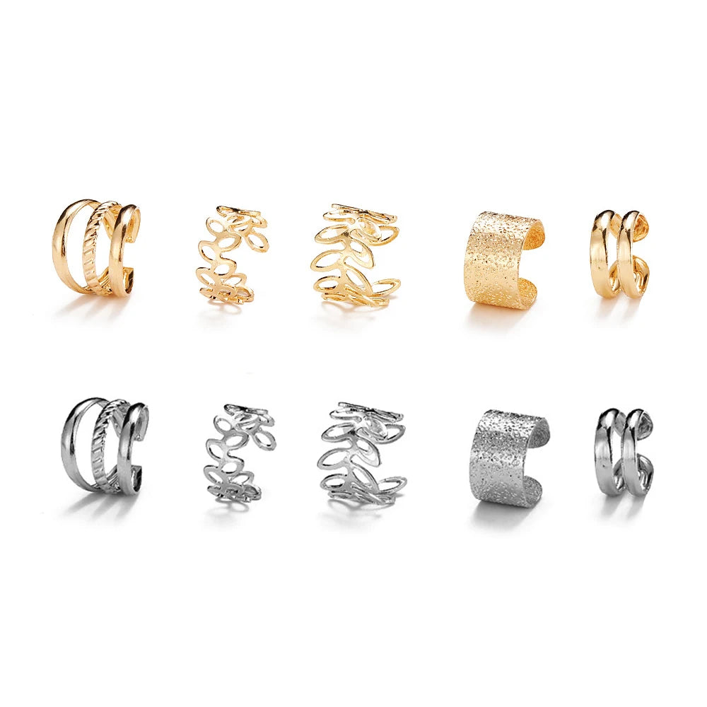 This set includes five pieces of vintage-style gold color leaf ear cuffs that do not require piercing, designed as fake cartilage clip earrings suitable for both women and men who appreciate creative and trendy jewelry pieces.