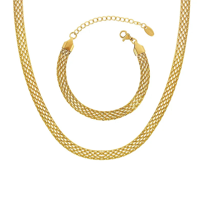316L Stainless Steel Charm Woven Mesh Necklace Bracelet Set Set for Girl Women New IP Gold Plated Kpop Gift