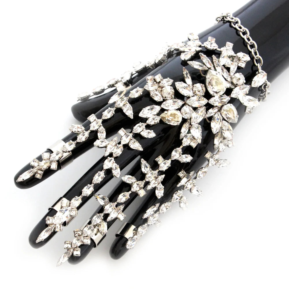 Crystal Finger Harness Bracelet Bridal Hand Decoration Wedding Gift Exaggerated Rhinestone Bangles Ring for Women