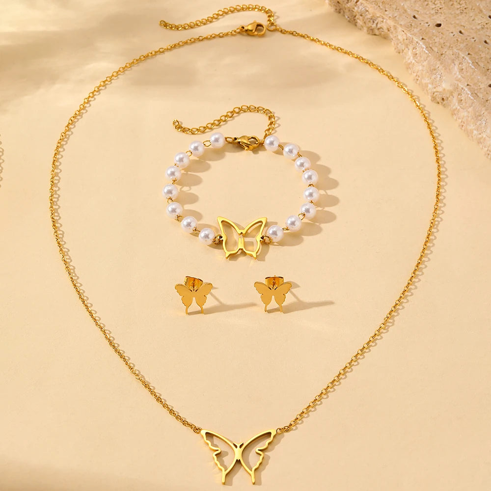 Stainless Steel Jewelry Set Necklace Earrings Pearl Bracelet Skeleton Butterfly Simple Design Jewelry Set For Women Jewelry Gift