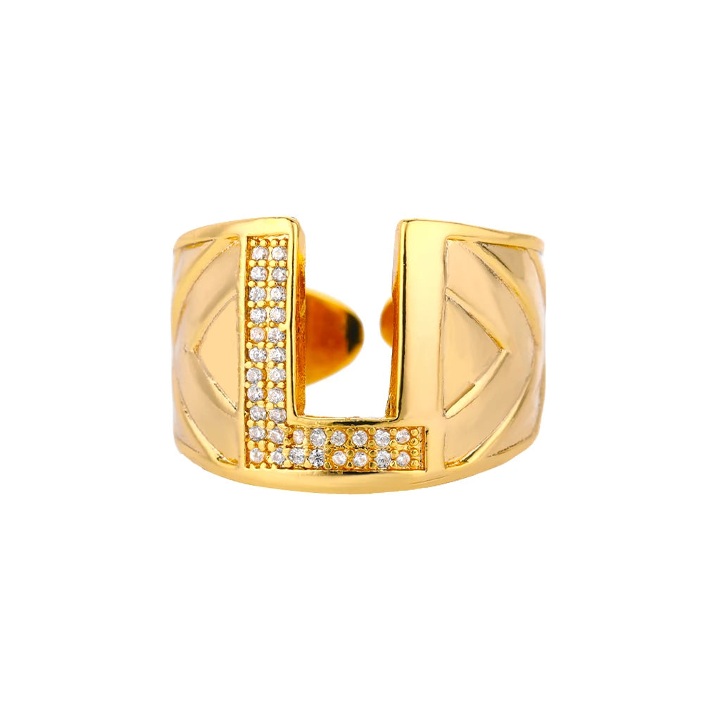 Chunky Wide Zircon Initial Letter Rings For Women Stainless Steel Opening Finger Ring Hip Hop Minimalist Jewelry Gift Femme