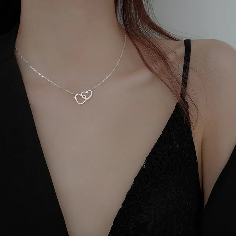 2024 Double Heart Pendant Necklace for Women Couple Choker Gold Silver Color Chain Wedding Party Friends Jewelry Gift