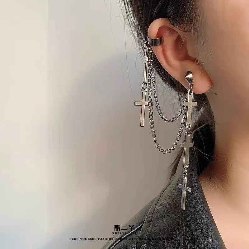 Punk Cross Tassel Earrings Women Integrated Clip Stud Earring Christian Gothic Hip Hop Jewelry Metal Chain Ear Ring Earring Men