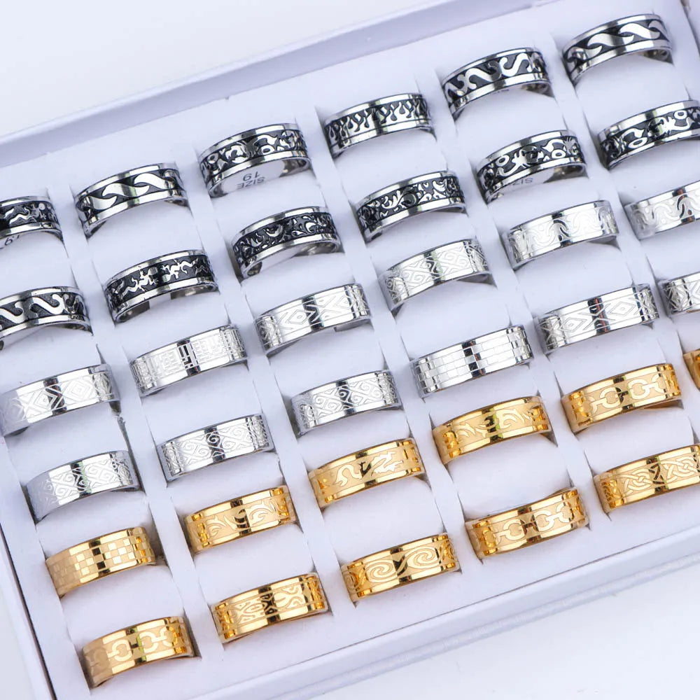 This lot consists of 10 pieces of wholesale fashion stainless steel rings suitable for both men and women. These rings are simple yet beautiful, making them trendy and perfect for punk jewelry enthusiasts. They also make great vintage birthday party gifts.