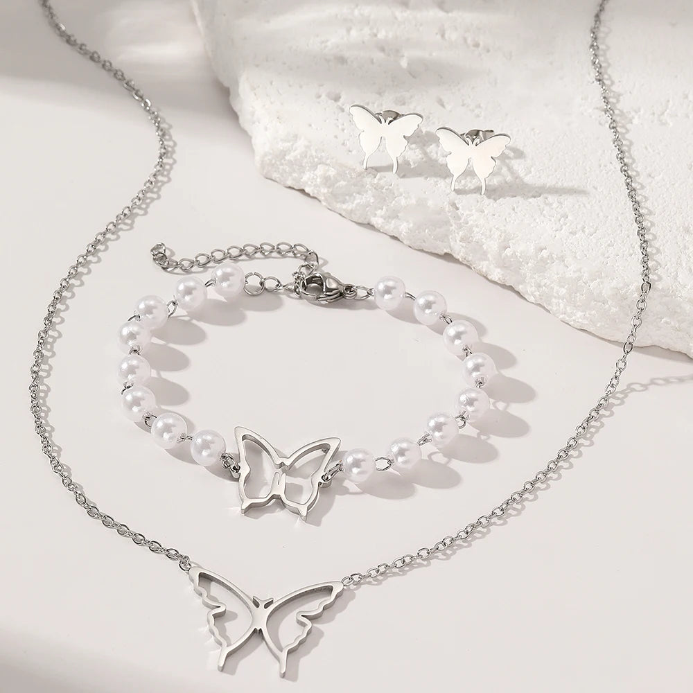 Stainless Steel Jewelry Set Necklace Earrings Pearl Bracelet Skeleton Butterfly Simple Design Jewelry Set For Women Jewelry Gift