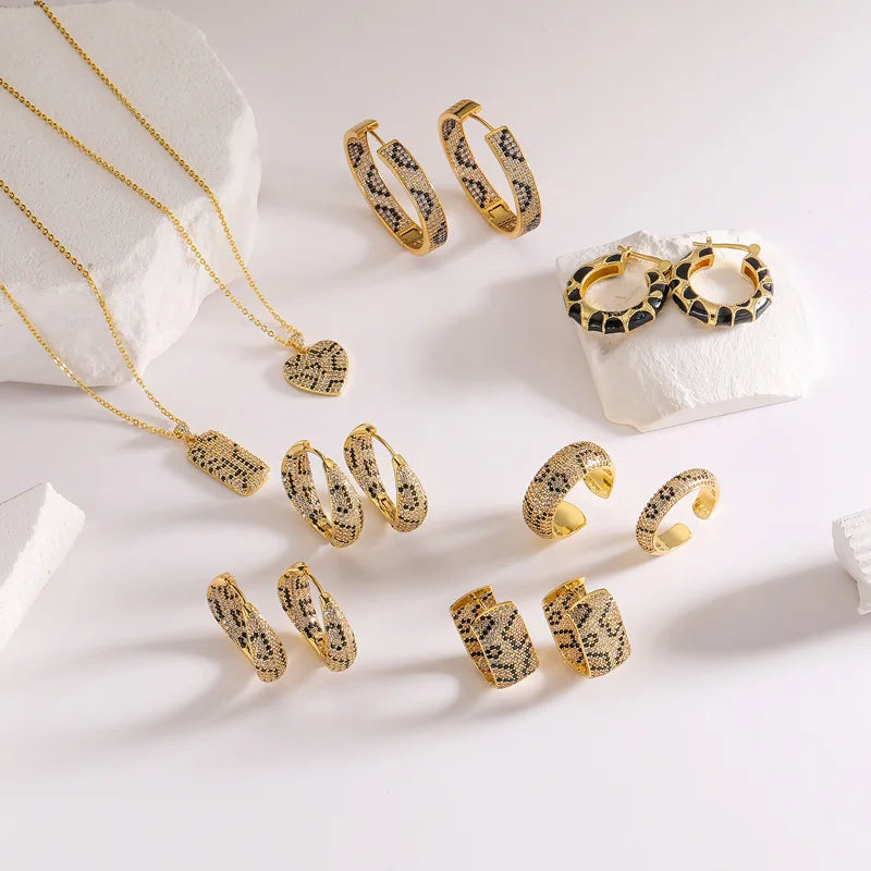 Leopard Print hoop Earrings rings necklace Fashion black white Cubic Zirconia women Geometric Jewelry set
