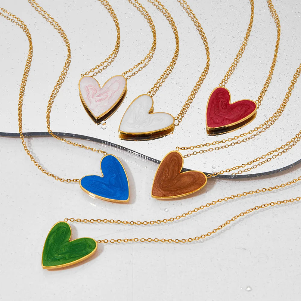 18K Gold PVD Plated Stainless Steel Colorful Enamel Heart Necklace Earring Set For Women Spring Summer Jewelry  Waterproof