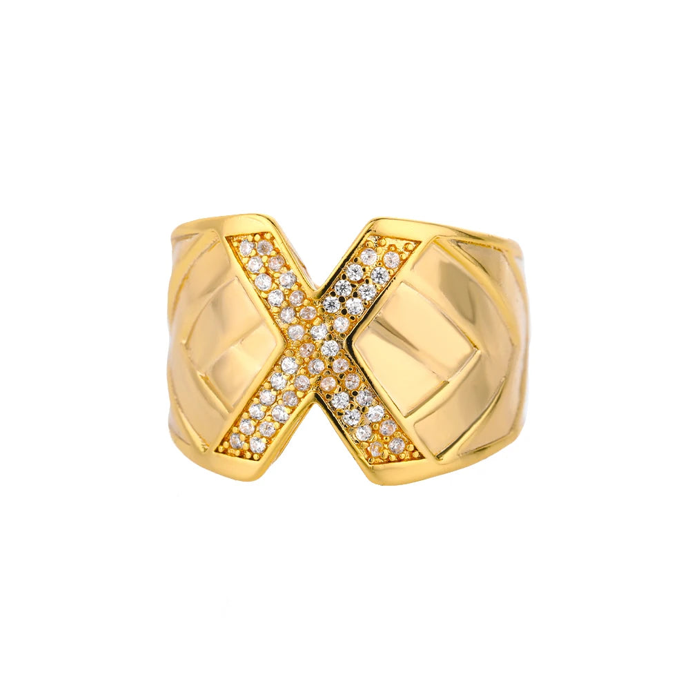 Chunky Wide Zircon Initial Letter Rings For Women Stainless Steel Opening Finger Ring Hip Hop Minimalist Jewelry Gift Femme