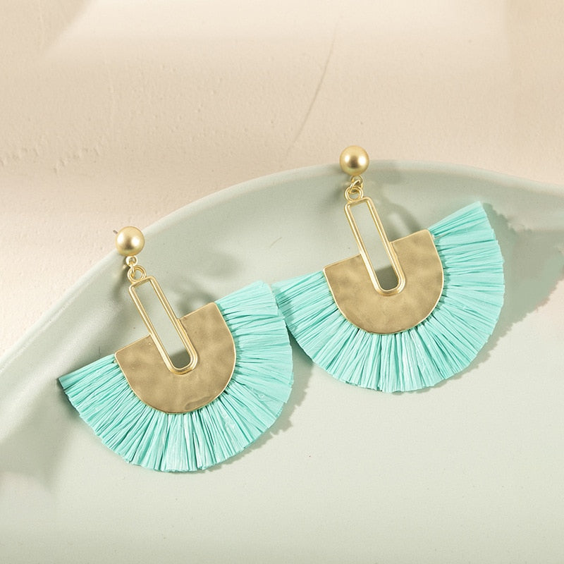 Rattan Raffia Tassel Pendant Earrings