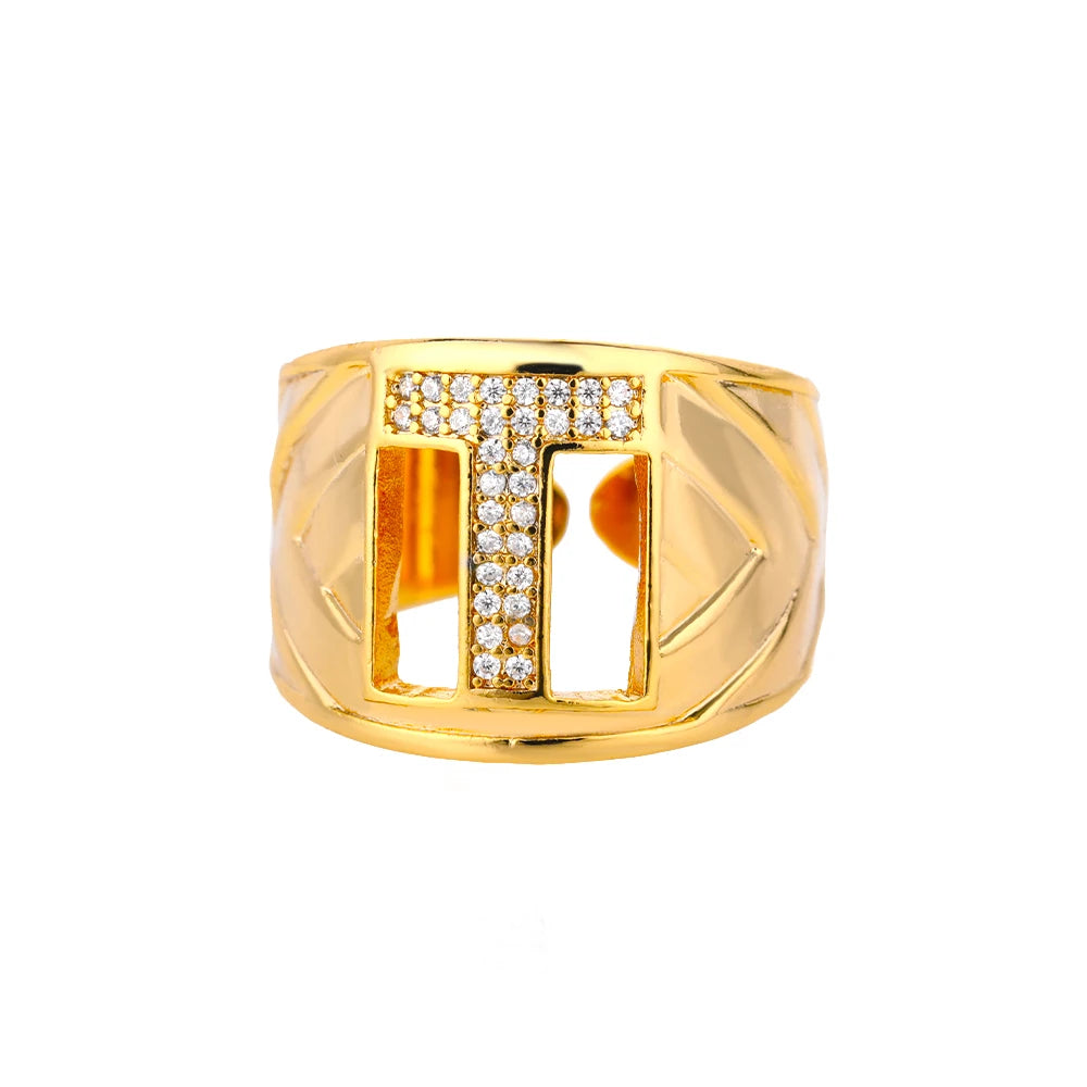 Chunky Wide Zircon Initial Letter Rings For Women Stainless Steel Opening Finger Ring Hip Hop Minimalist Jewelry Gift Femme