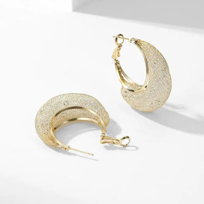 Minimalist Wire Mesh Zircon Round Hoop Earring for Women Unique Gold Color Loop Statement Party Jewelry LOVE Christmas Gift