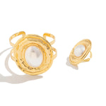 2Pcs/Set Exaggerated Circle Chunky Adjustable Open Cuff Bangles Imitation Pearl Rings for Women Grunge Jewelry Set Gift