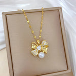 Classic Stainless Steel Gorgeous Pearl Bow Necklace Earrings Fashionable and Exquisite Temperament Evening Accessories