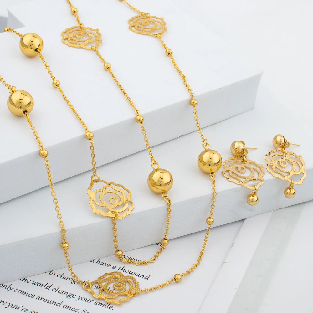 Gold Color Jewelry Set Fashion Long Chain Necklace Stud Earings Set African Bride Jewelry For Women Wedding Party Gifts