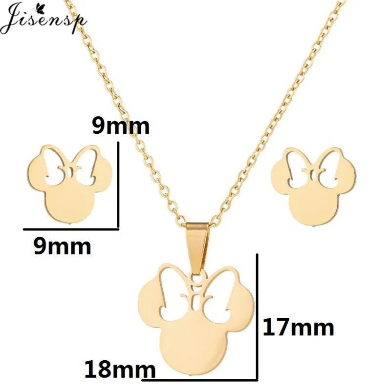 Cartoon Bowknot Mouse Stainless Steel Jewelry Set for Women Fashion Anime Animal Necklace Earrings Party Accessories