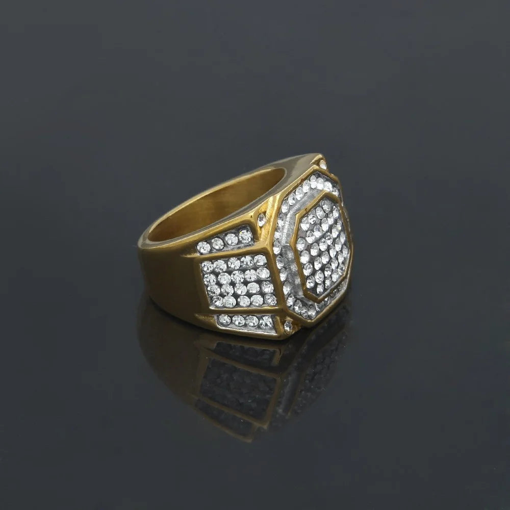 Hip Hop Iced Out Bling CZ Ring Male Gold Color Stainless Steel Zircon Geometry Rapper Rings for Men Fashion Jewelry Gift 2025