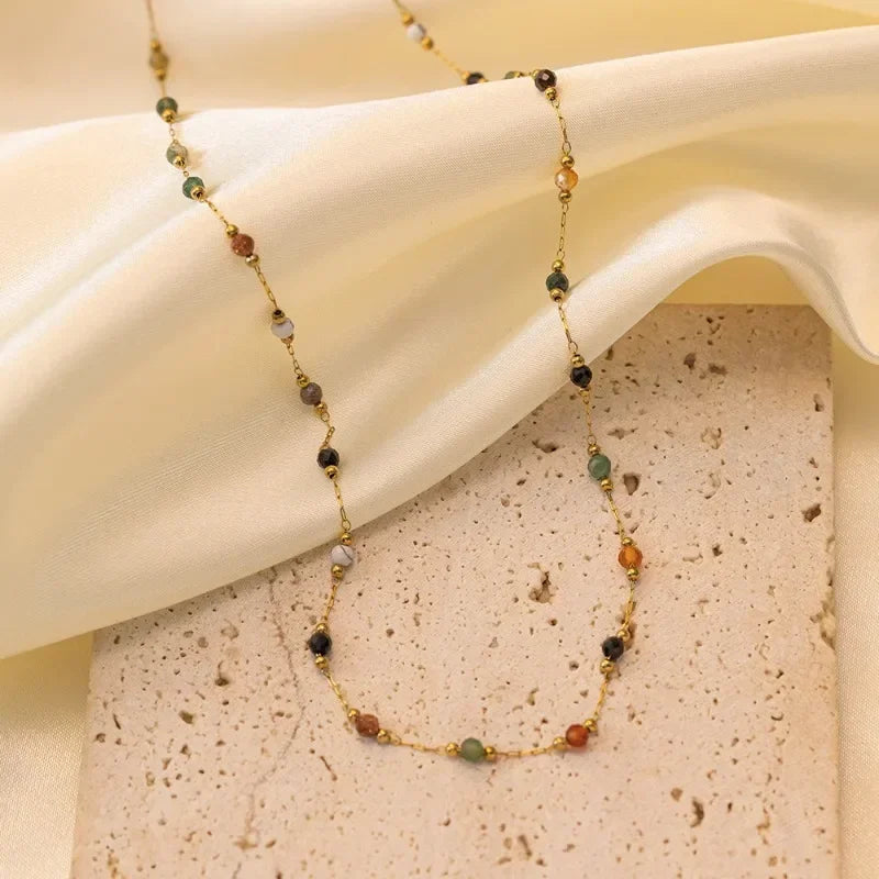 Colourful Beads String Natural Stone Bracelets Bohemia Titanium Steel Collarbone Chain Necklace Vintage Jewelry Sets for Women