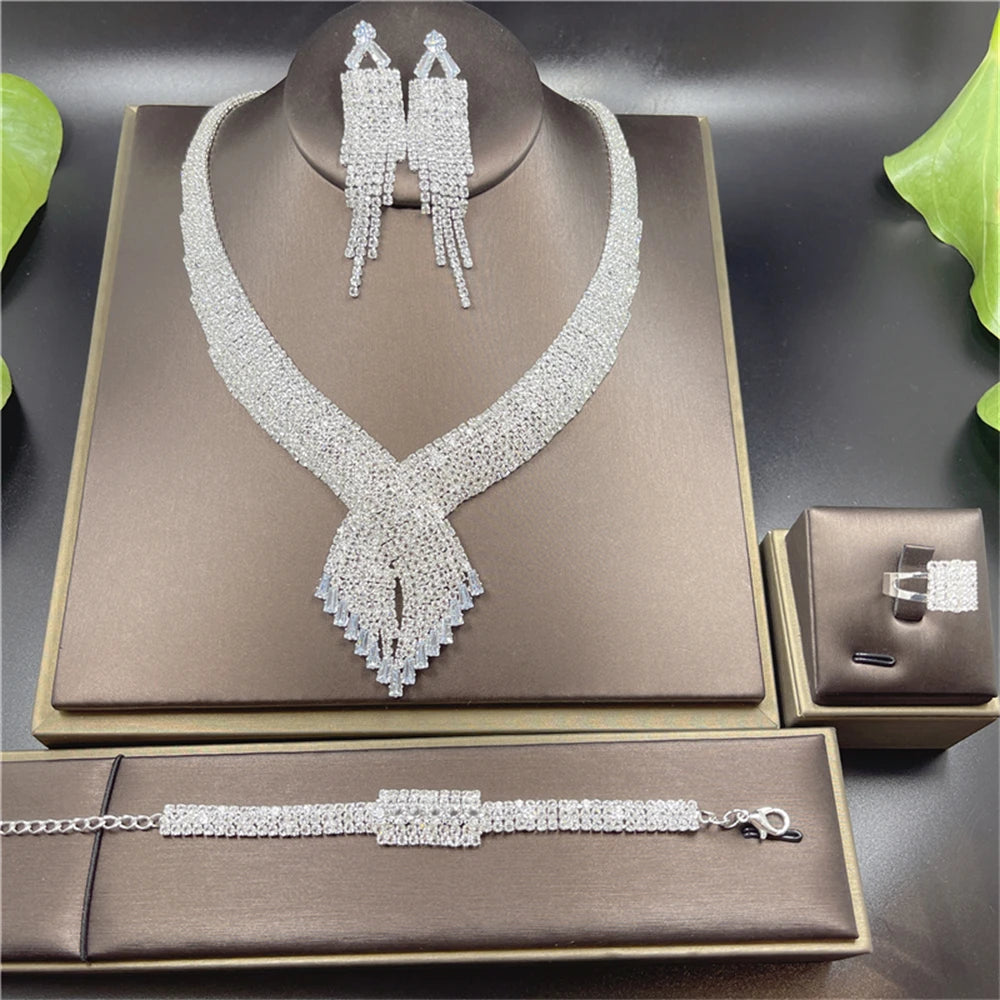 4pcs Fashion Exquisite Tassel Rhinestone Earrings Necklace Ring Bracelet Set Luxury Wedding Party Crystal Jewelry Accessories