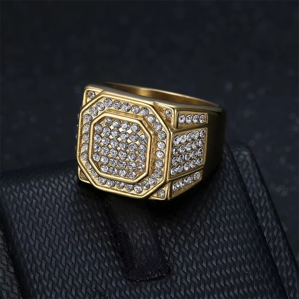 Hip Hop Iced Out Bling CZ Ring Male Gold Color Stainless Steel Zircon Geometry Rapper Rings for Men Fashion Jewelry Gift 2025