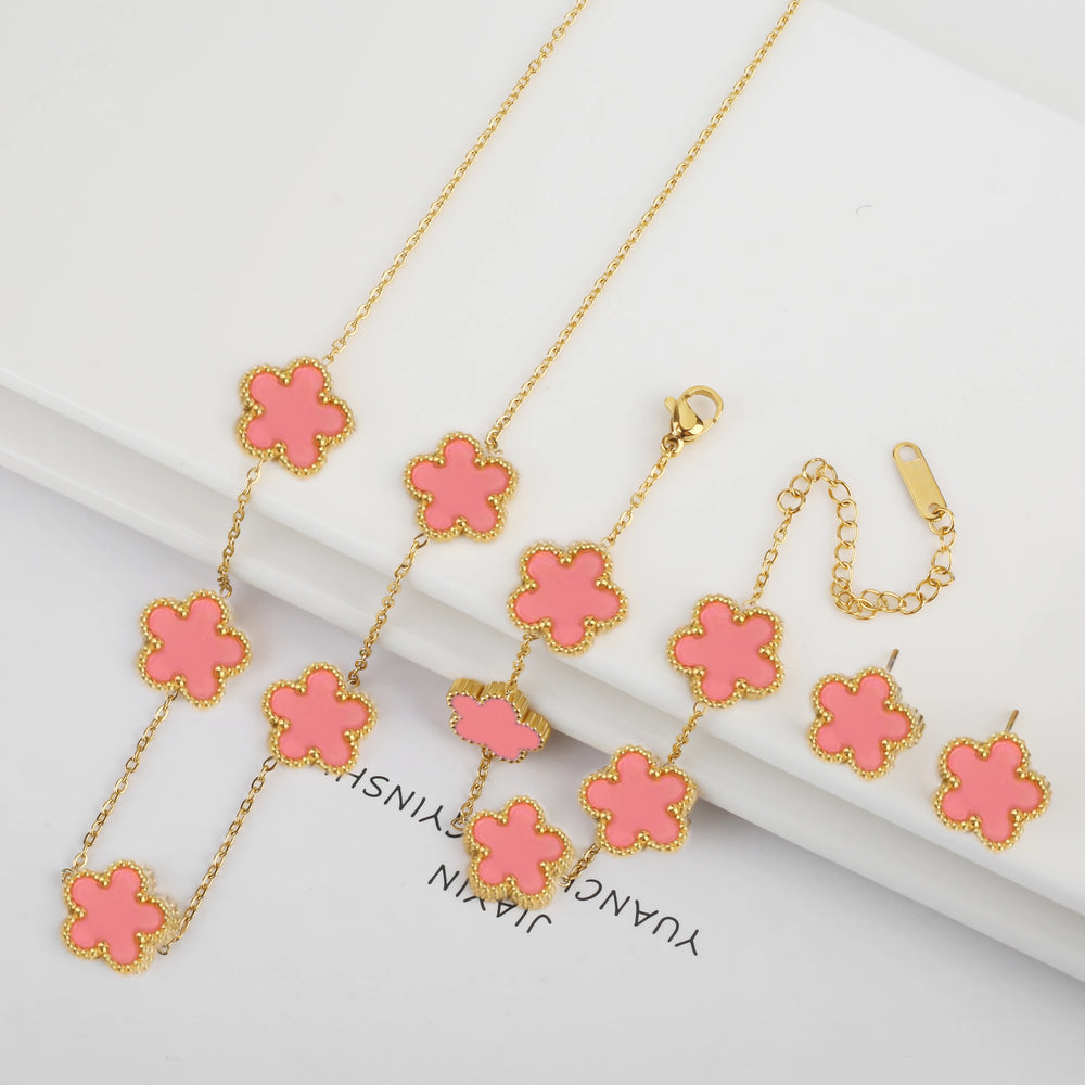 Hot Selling Plum Blossom Plant Five Leaf Flower Jewelry Set Bracelet Necklace Earrings Women Stainless Steel High Quality Clover