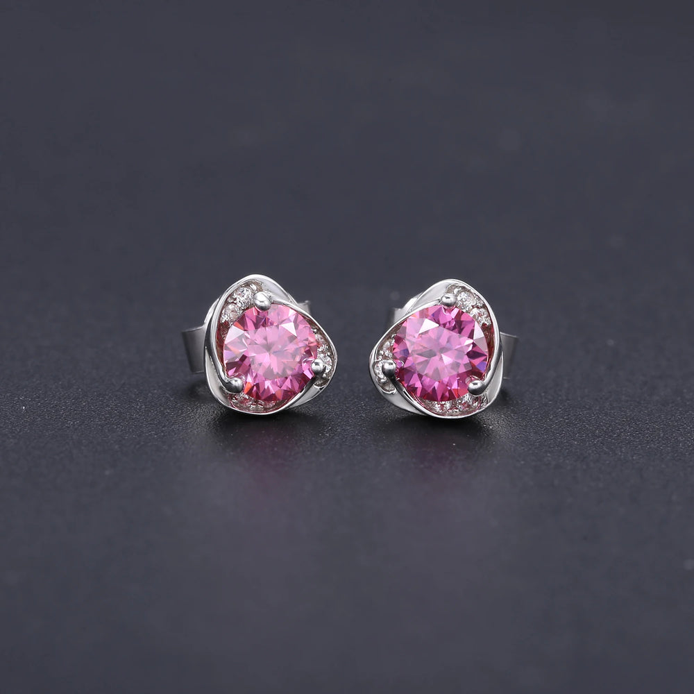 Round Cut Moissanite Stud Earrings 925 Sterling Silver Pink Moissanite Flower Earrings for Women Wedding