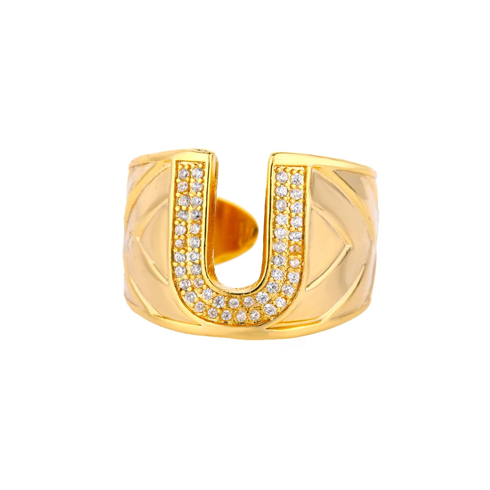 Chunky Wide Zircon Initial Letter Rings For Women Stainless Steel Opening Finger Ring Hip Hop Minimalist Jewelry Gift Femme