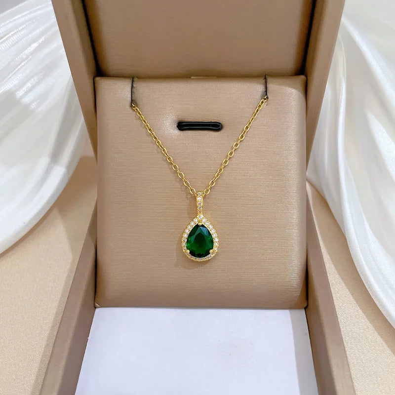 316L Stainless Steel Green Water Droplet Inlay Zircon Pendant Necklace Earrings Set Girl New Trend Jewelry Gift