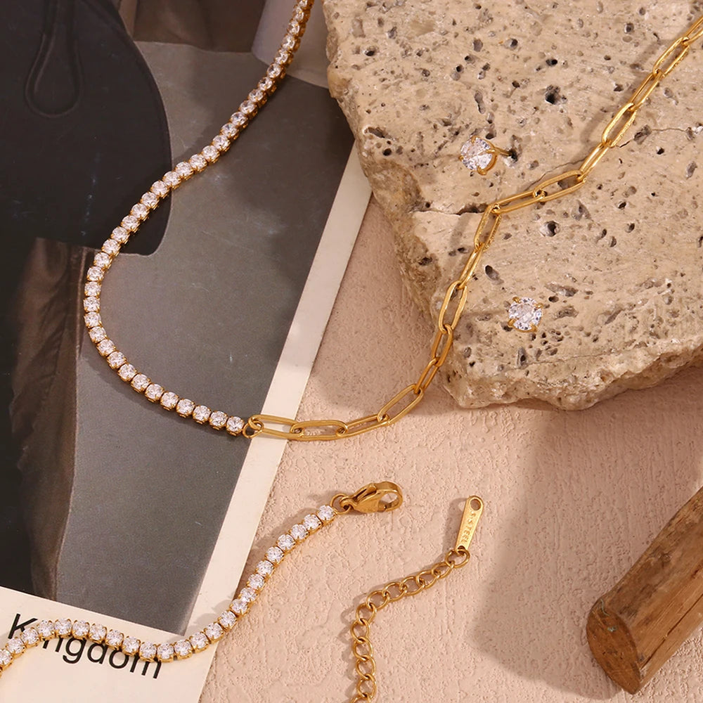 Zircon Chain Splicing Paper Clip Bracelet 18K Gold Plated Women's Earrings 316L Stainless Steel Accessories